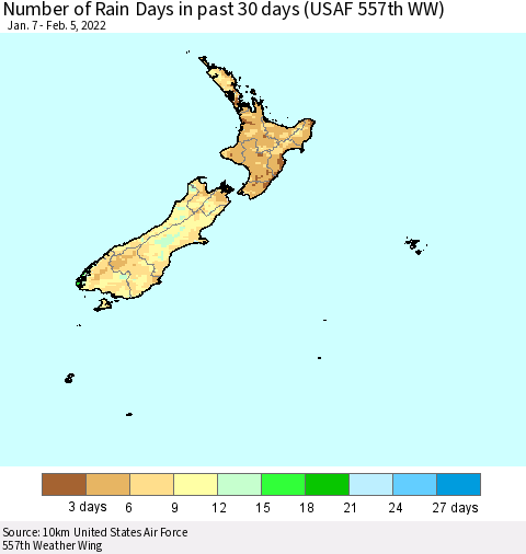 New Zealand Number of Rain Days in past 30 days (USAF 557th WW) 02/05/2022 Thematic Map For 2/1/2022 - 2/5/2022