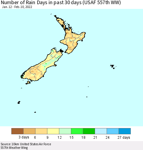 New Zealand Number of Rain Days in past 30 days (USAF 557th WW) 02/10/2022 Thematic Map For 2/6/2022 - 2/10/2022