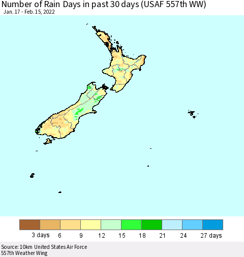 New Zealand Number of Rain Days in past 30 days (USAF 557th WW) 02/15/2022 Thematic Map For 2/11/2022 - 2/15/2022