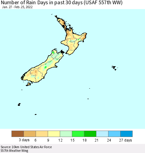 New Zealand Number of Rain Days in past 30 days (USAF 557th WW) 02/25/2022 Thematic Map For 2/21/2022 - 2/25/2022