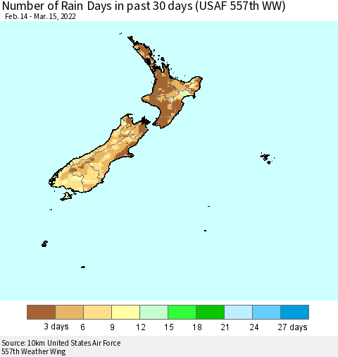 New Zealand Number of Rain Days in past 30 days (USAF 557th WW) 03/15/2022 Thematic Map For 3/11/2022 - 3/15/2022