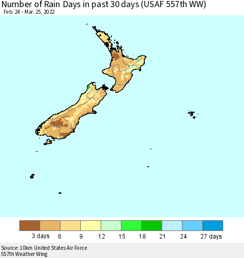 New Zealand Number of Rain Days in past 30 days (USAF 557th WW) 03/25/2022 Thematic Map For 3/21/2022 - 3/25/2022