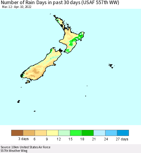 New Zealand Number of Rain Days in past 30 days (USAF 557th WW) 04/10/2022 Thematic Map For 4/6/2022 - 4/10/2022