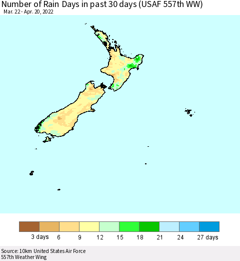 New Zealand Number of Rain Days in past 30 days (USAF 557th WW) 04/20/2022 Thematic Map For 4/16/2022 - 4/20/2022