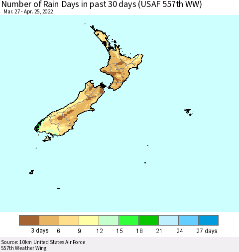 New Zealand Number of Rain Days in past 30 days (USAF 557th WW) 04/25/2022 Thematic Map For 4/21/2022 - 4/25/2022