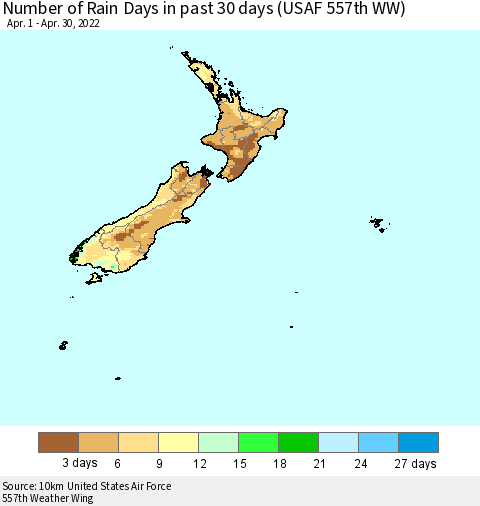 New Zealand Number of Rain Days in past 30 days (USAF 557th WW) 04/30/2022 Thematic Map For 4/26/2022 - 4/30/2022