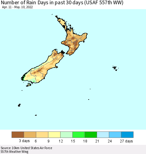 New Zealand Number of Rain Days in past 30 days (USAF 557th WW) 05/10/2022 Thematic Map For 5/6/2022 - 5/10/2022