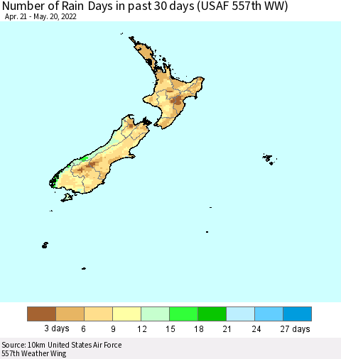 New Zealand Number of Rain Days in past 30 days (USAF 557th WW) 05/20/2022 Thematic Map For 5/16/2022 - 5/20/2022