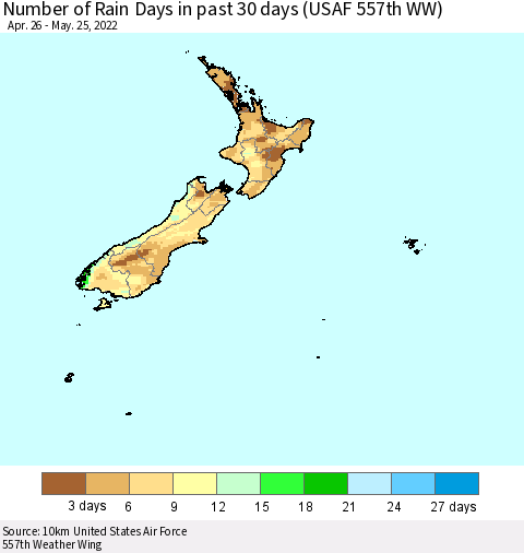 New Zealand Number of Rain Days in past 30 days (USAF 557th WW) 05/25/2022 Thematic Map For 5/21/2022 - 5/25/2022