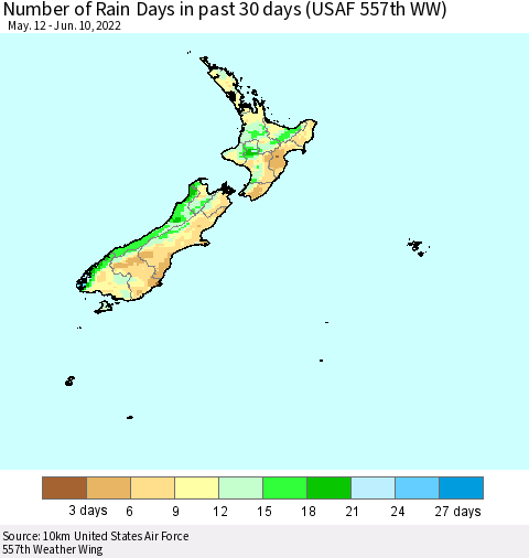 New Zealand Number of Rain Days in past 30 days (USAF 557th WW) 06/10/2022 Thematic Map For 6/6/2022 - 6/10/2022