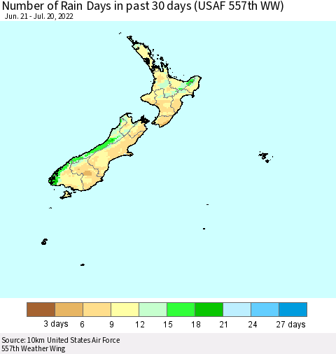 New Zealand Number of Rain Days in past 30 days (USAF 557th WW) 07/20/2022 Thematic Map For 7/16/2022 - 7/20/2022