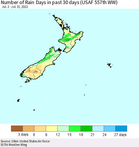 New Zealand Number of Rain Days in past 30 days (USAF 557th WW) 07/31/2022 Thematic Map For 7/26/2022 - 7/31/2022