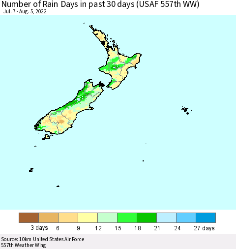 New Zealand Number of Rain Days in past 30 days (USAF 557th WW) 08/05/2022 Thematic Map For 8/1/2022 - 8/5/2022