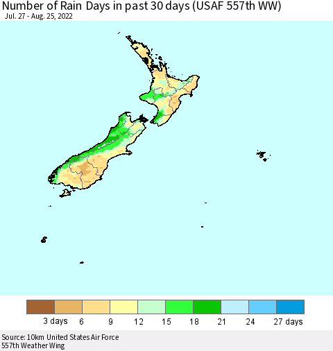 New Zealand Number of Rain Days in past 30 days (USAF 557th WW) 08/25/2022 Thematic Map For 8/21/2022 - 8/25/2022