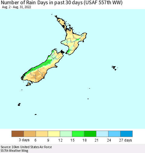 New Zealand Number of Rain Days in past 30 days (USAF 557th WW) 08/31/2022 Thematic Map For 8/26/2022 - 8/31/2022