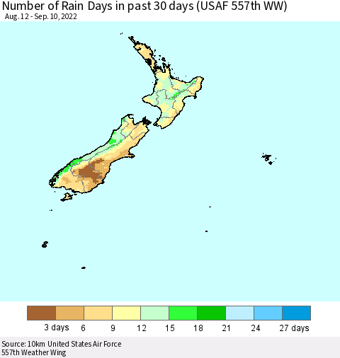 New Zealand Number of Rain Days in past 30 days (USAF 557th WW) 09/10/2022 Thematic Map For 9/6/2022 - 9/10/2022