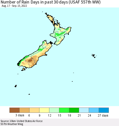 New Zealand Number of Rain Days in past 30 days (USAF 557th WW) 09/15/2022 Thematic Map For 9/11/2022 - 9/15/2022