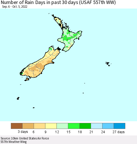 New Zealand Number of Rain Days in past 30 days (USAF 557th WW) 10/05/2022 Thematic Map For 10/1/2022 - 10/5/2022