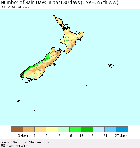 New Zealand Number of Rain Days in past 30 days (USAF 557th WW) 10/31/2022 Thematic Map For 10/26/2022 - 10/31/2022