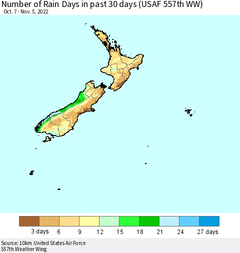 New Zealand Number of Rain Days in past 30 days (USAF 557th WW) 11/05/2022 Thematic Map For 11/1/2022 - 11/5/2022