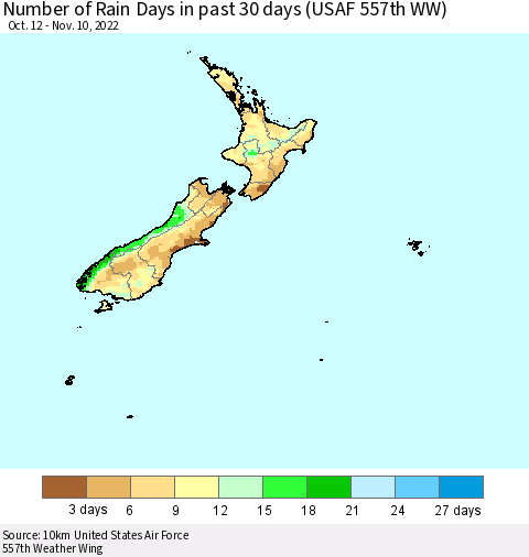 New Zealand Number of Rain Days in past 30 days (USAF 557th WW) 11/10/2022 Thematic Map For 11/6/2022 - 11/10/2022