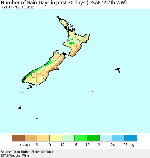 New Zealand Number of Rain Days in past 30 days (USAF 557th WW) 11/15/2022 Thematic Map For 11/11/2022 - 11/15/2022