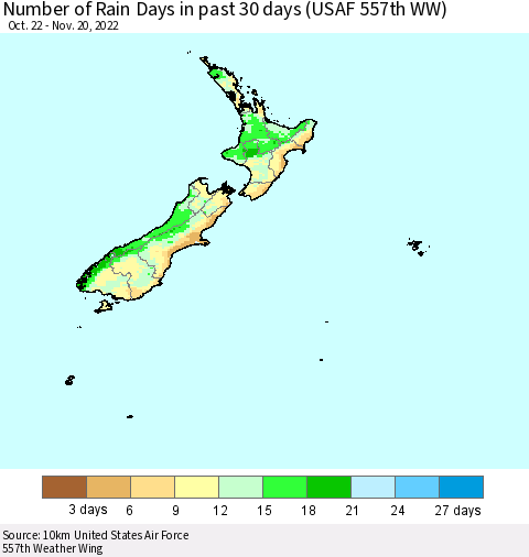 New Zealand Number of Rain Days in past 30 days (USAF 557th WW) 11/20/2022 Thematic Map For 11/16/2022 - 11/20/2022
