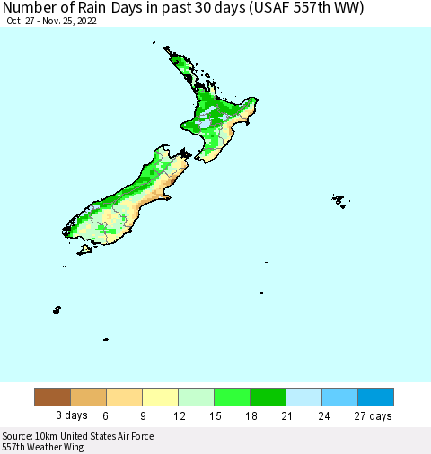 New Zealand Number of Rain Days in past 30 days (USAF 557th WW) 11/25/2022 Thematic Map For 11/21/2022 - 11/25/2022