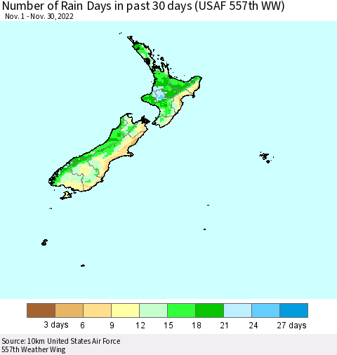 New Zealand Number of Rain Days in past 30 days (USAF 557th WW) 11/30/2022 Thematic Map For 11/26/2022 - 11/30/2022
