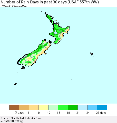 New Zealand Number of Rain Days in past 30 days (USAF 557th WW) 12/10/2022 Thematic Map For 12/6/2022 - 12/10/2022