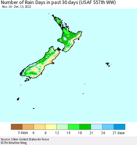 New Zealand Number of Rain Days in past 30 days (USAF 557th WW) 12/15/2022 Thematic Map For 12/11/2022 - 12/15/2022