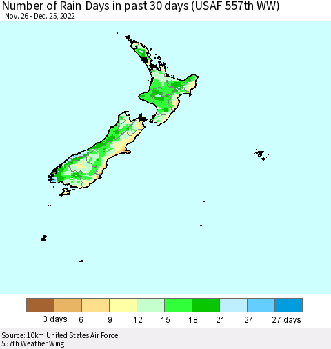 New Zealand Number of Rain Days in past 30 days (USAF 557th WW) 12/25/2022 Thematic Map For 12/21/2022 - 12/25/2022