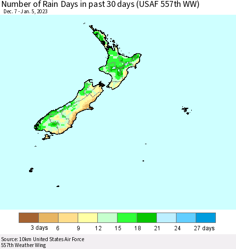 New Zealand Number of Rain Days in past 30 days (USAF 557th WW) 01/05/2023 Thematic Map For 1/1/2023 - 1/5/2023