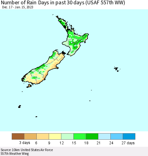 New Zealand Number of Rain Days in past 30 days (USAF 557th WW) 01/15/2023 Thematic Map For 1/11/2023 - 1/15/2023