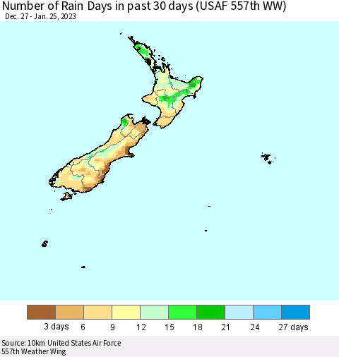 New Zealand Number of Rain Days in past 30 days (USAF 557th WW) 01/25/2023 Thematic Map For 1/21/2023 - 1/25/2023