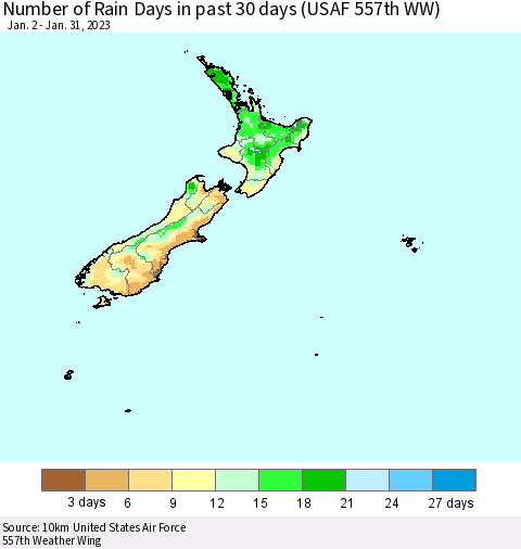 New Zealand Number of Rain Days in past 30 days (USAF 557th WW) 01/31/2023 Thematic Map For 1/26/2023 - 1/31/2023