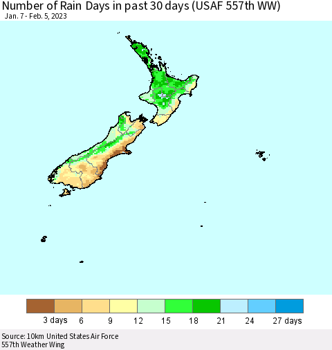 New Zealand Number of Rain Days in past 30 days (USAF 557th WW) 02/05/2023 Thematic Map For 2/1/2023 - 2/5/2023