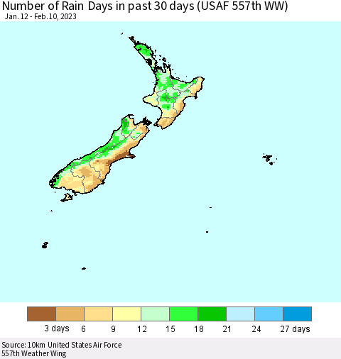 New Zealand Number of Rain Days in past 30 days (USAF 557th WW) 02/10/2023 Thematic Map For 2/6/2023 - 2/10/2023