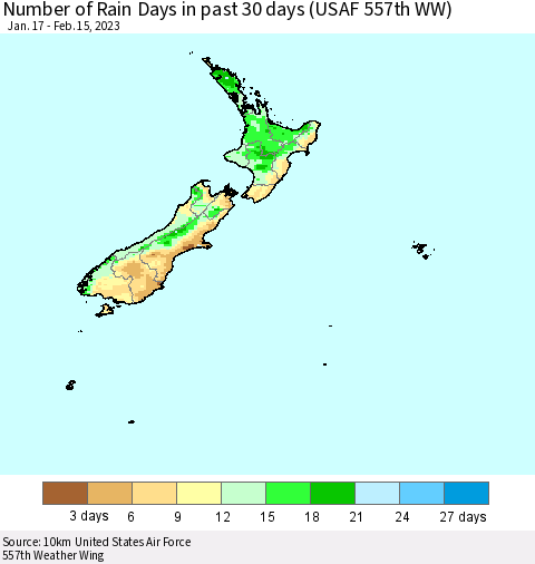 New Zealand Number of Rain Days in past 30 days (USAF 557th WW) 02/15/2023 Thematic Map For 2/11/2023 - 2/15/2023