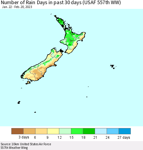 New Zealand Number of Rain Days in past 30 days (USAF 557th WW) 02/20/2023 Thematic Map For 2/16/2023 - 2/20/2023