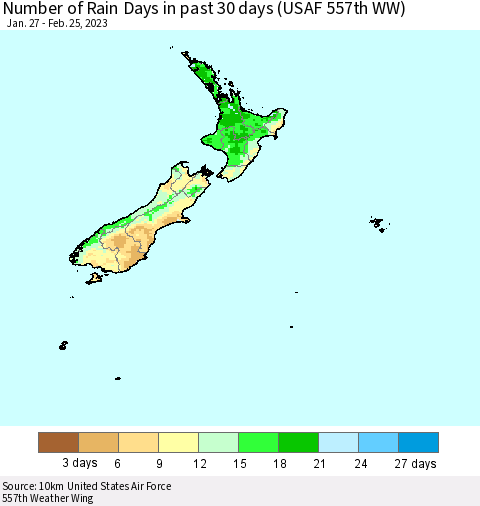 New Zealand Number of Rain Days in past 30 days (USAF 557th WW) 02/25/2023 Thematic Map For 2/21/2023 - 2/25/2023