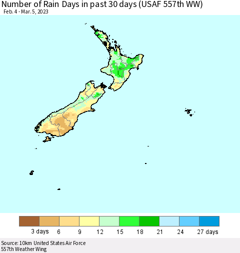 New Zealand Number of Rain Days in past 30 days (USAF 557th WW) 03/05/2023 Thematic Map For 3/1/2023 - 3/5/2023
