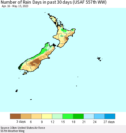 New Zealand Number of Rain Days in past 30 days (USAF 557th WW) 05/15/2023 Thematic Map For 5/11/2023 - 5/15/2023