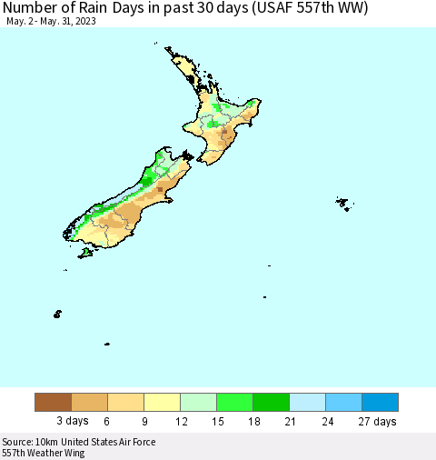 New Zealand Number of Rain Days in past 30 days (USAF 557th WW) 05/31/2023 Thematic Map For 5/26/2023 - 5/31/2023