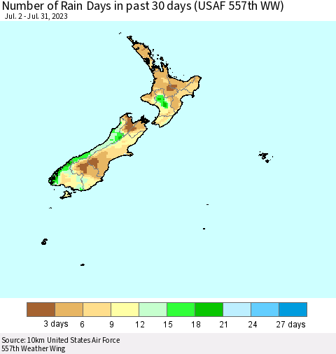 New Zealand Number of Rain Days in past 30 days (USAF 557th WW) 07/31/2023 Thematic Map For 7/26/2023 - 7/31/2023