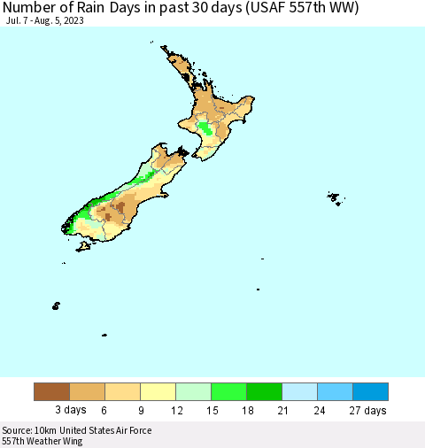 New Zealand Number of Rain Days in past 30 days (USAF 557th WW) 08/05/2023 Thematic Map For 8/1/2023 - 8/5/2023