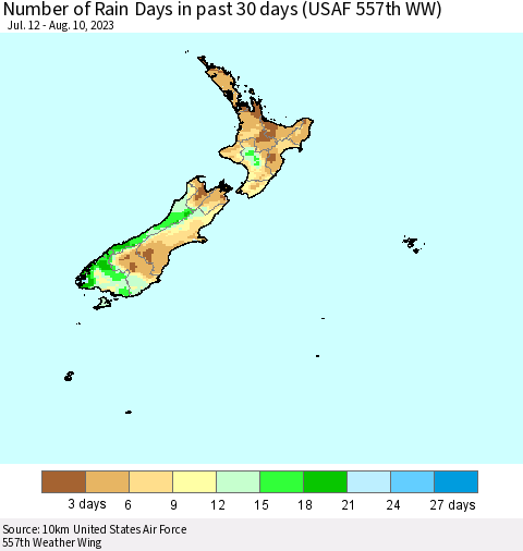 New Zealand Number of Rain Days in past 30 days (USAF 557th WW) 08/10/2023 Thematic Map For 8/6/2023 - 8/10/2023
