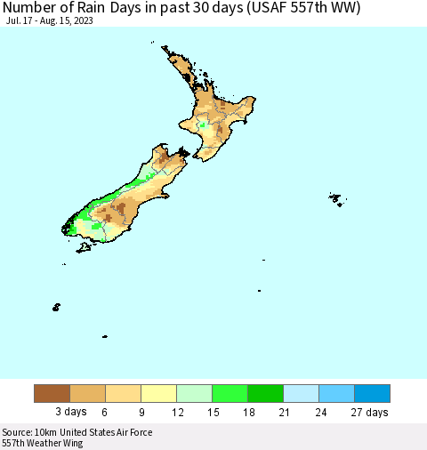 New Zealand Number of Rain Days in past 30 days (USAF 557th WW) 08/15/2023 Thematic Map For 8/11/2023 - 8/15/2023