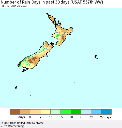 New Zealand Number of Rain Days in past 30 days (USAF 557th WW) 08/20/2023 Thematic Map For 8/16/2023 - 8/20/2023