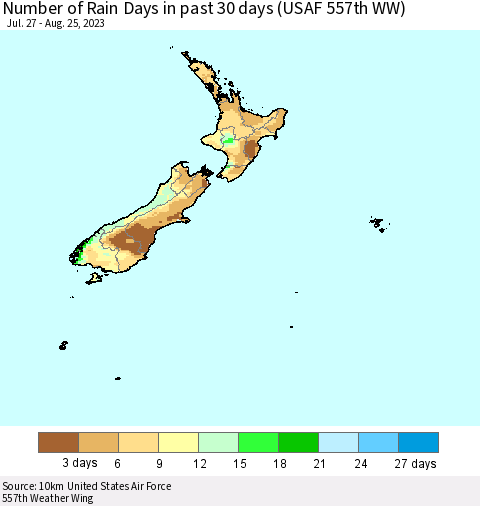 New Zealand Number of Rain Days in past 30 days (USAF 557th WW) 08/25/2023 Thematic Map For 8/21/2023 - 8/25/2023